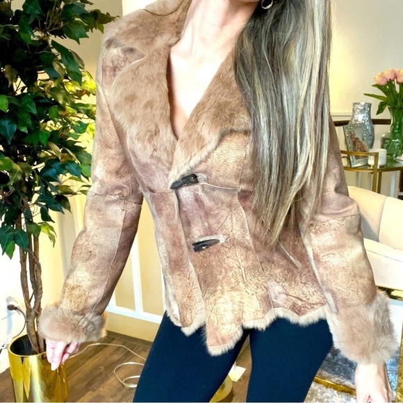 Alegre Donna Suede Rabbit Fur Toggle Jacket Coat Lined Tan Party Cold Winter M - Picture 1 of 17